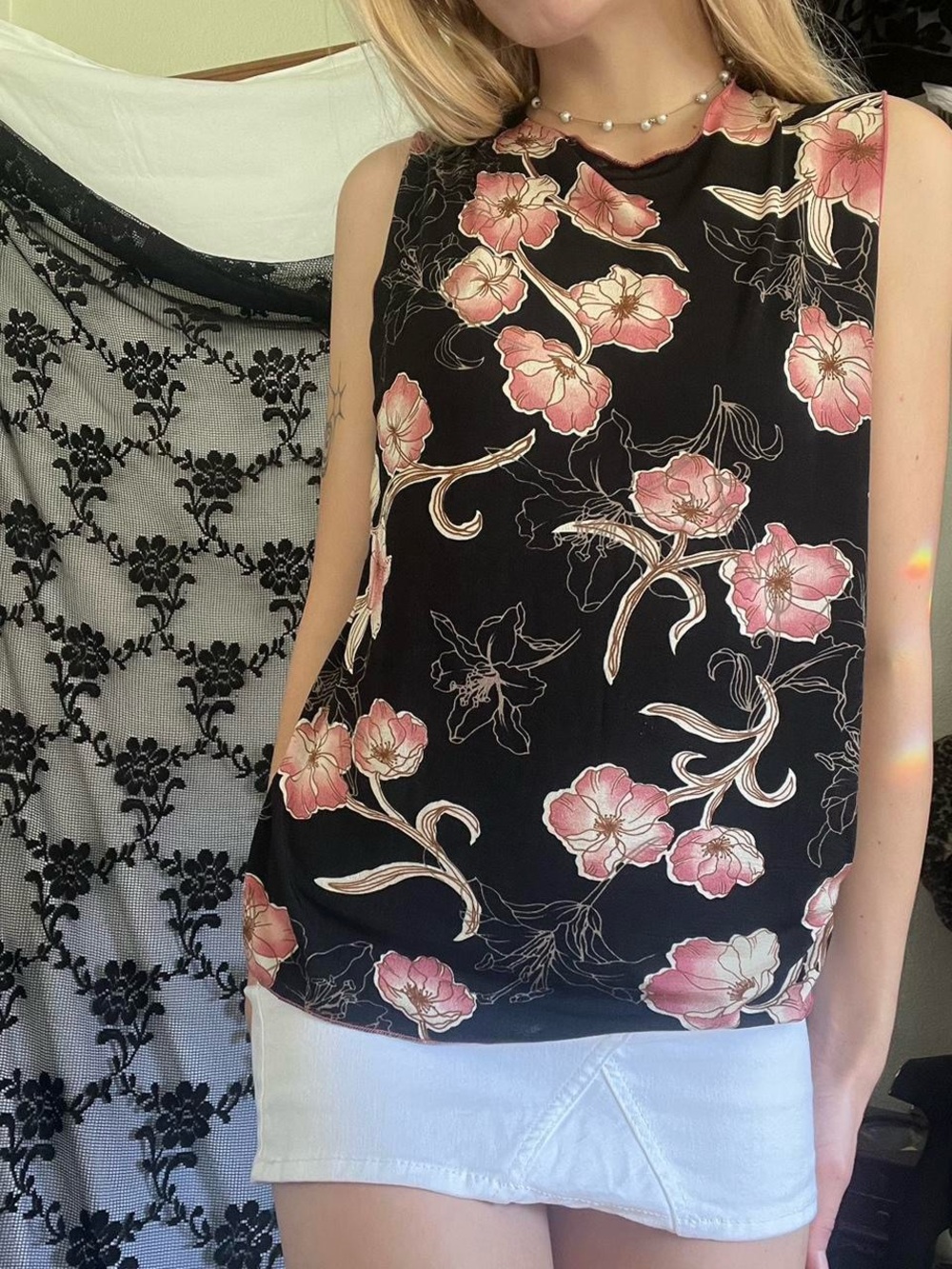 Sleeveless Black Floral Shell Top - Pink Floral Print
